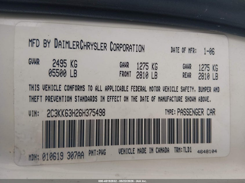 2006 Chrysler 300C VIN: 2C3KK63H26H375498 Lot: 45192832