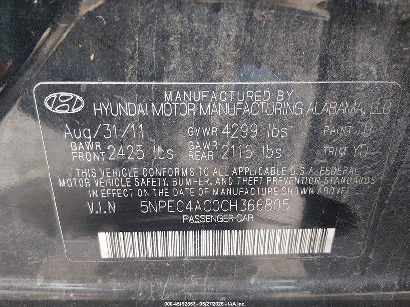 2012 Hyundai Sonata 2.4 Limited black Lot 111045192853 Vin 5NPEC4AC0CH366805