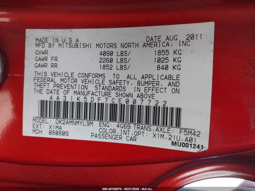 4A31K5DF7CE007722 2012 Mitsubishi ECLIPSE 2.4 Gs/gs Sport/se Orange