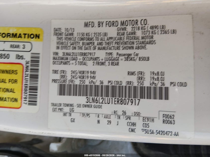2014 Lincoln Mkz Hybrid VIN: 3LN6L2LU1ER807917 Lot: 45192886