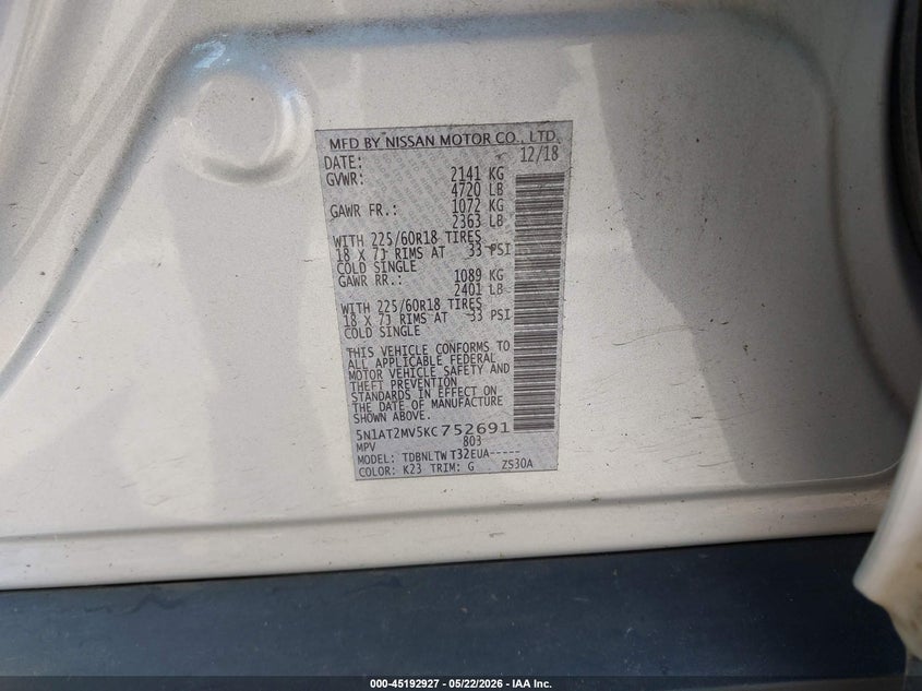 VIN 5N1AT2MV5KC752691 2019 NISSAN ROGUE SV