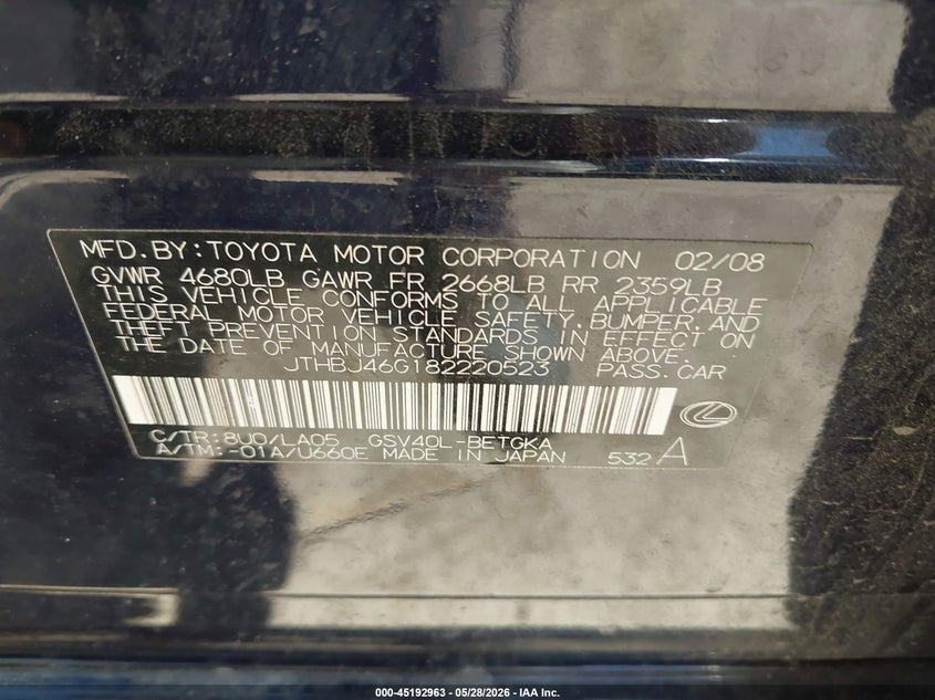 2008 Lexus Es 350 VIN: JTHBJ46G182220523 Lot: 45192963