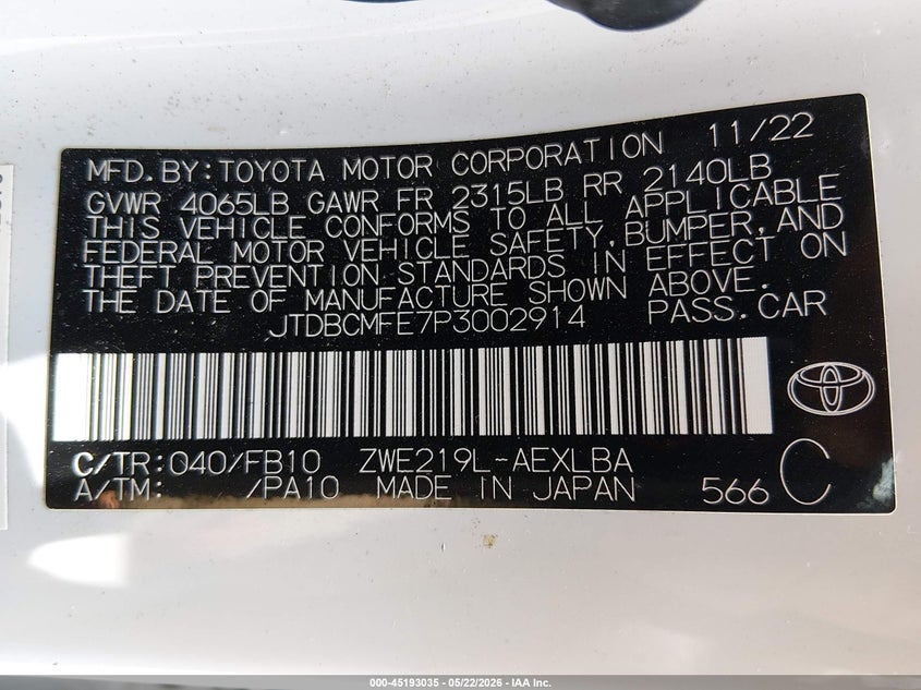 2023 TOYOTA COROLLA 1.8L I-4 DOHC, VVT, (VIN: JTDBCMFE7P3002914