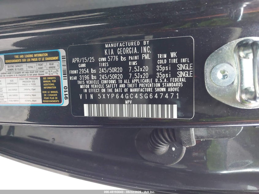 2025 Kia Telluride S VIN: 5XYP64GC4SG647471 Lot: 45193043