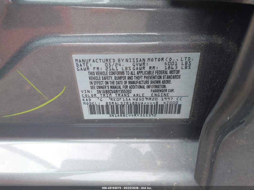 VIN 3N1AB8CV4RY355392 2024 NISSAN SENTRA SV XTRONIC CVT