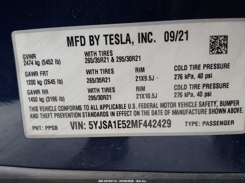 2021 Tesla Model S Long Range Dual Motor All-Wheel Drive VIN: 5YJSA1E52MF442429 Lot: 45193114
