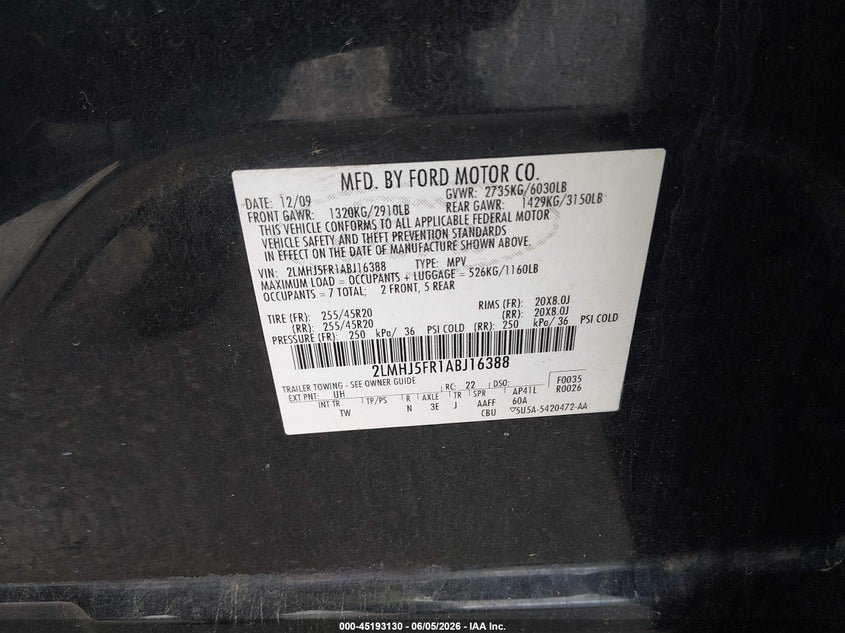 2010 Lincoln Mkt VIN: 2LMHJ5FR1ABJ16388 Lot: 45193130