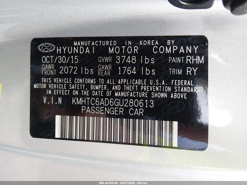 2016 Hyundai Veloster VIN: KMHTC6AD6GU280613 Lot: 45193149