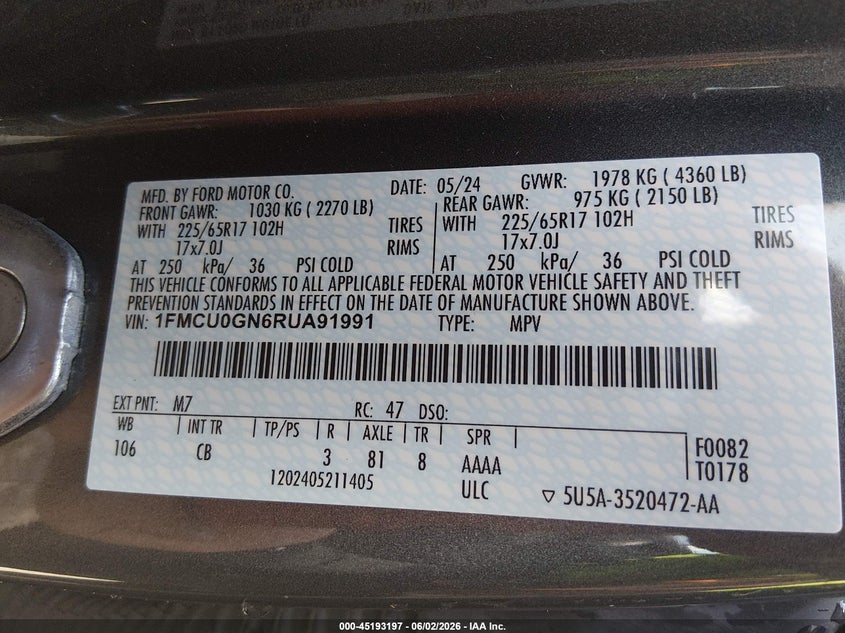 2024 FORD ESCAPE SPORT UTILITY VEHICLE 1.5L I-3 DI, DOHC, VVT, TURBO, 180HP