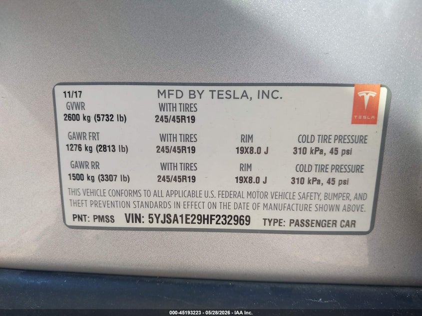 2017 Tesla Model S 100D/60D/75D/90D/P100D VIN: 5YJSA1E29HF232969 Lot: 45193223