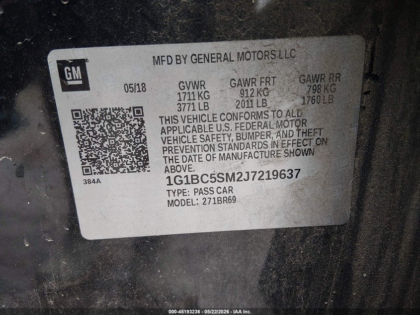 VIN 1G1BC5SM2J7219637 2018 CHEVROLET CRUZE LS AUTO