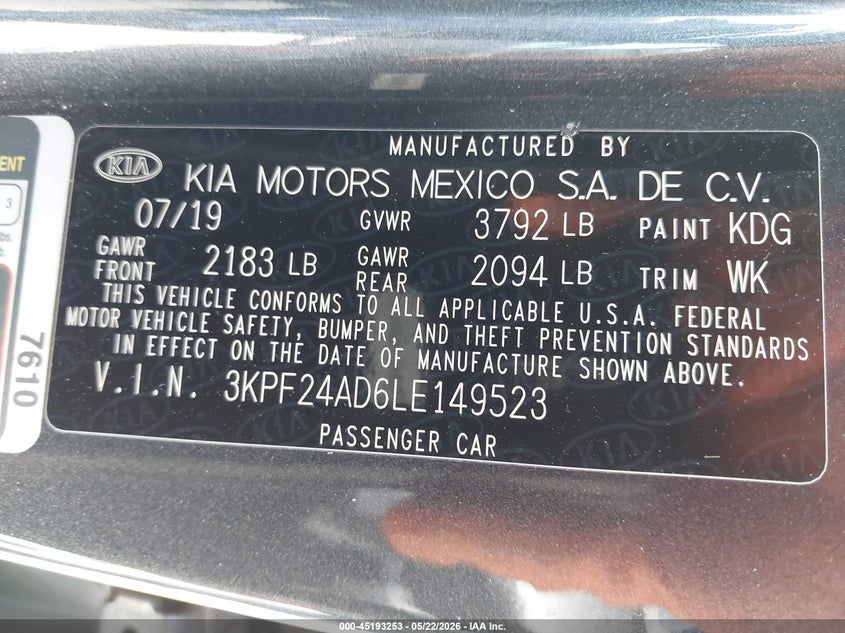 VIN 3KPF24AD6LE149523 2020 KIA FORTE LXS