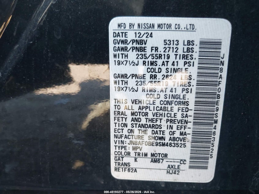 2025 Nissan Ariya Engage VIN: JN8AF0BE9SM463525 Lot: 45193277