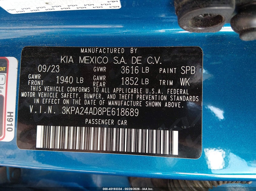 2023 Kia Rio S VIN: 3KPA24AD8PE618689 Lot: 45193334