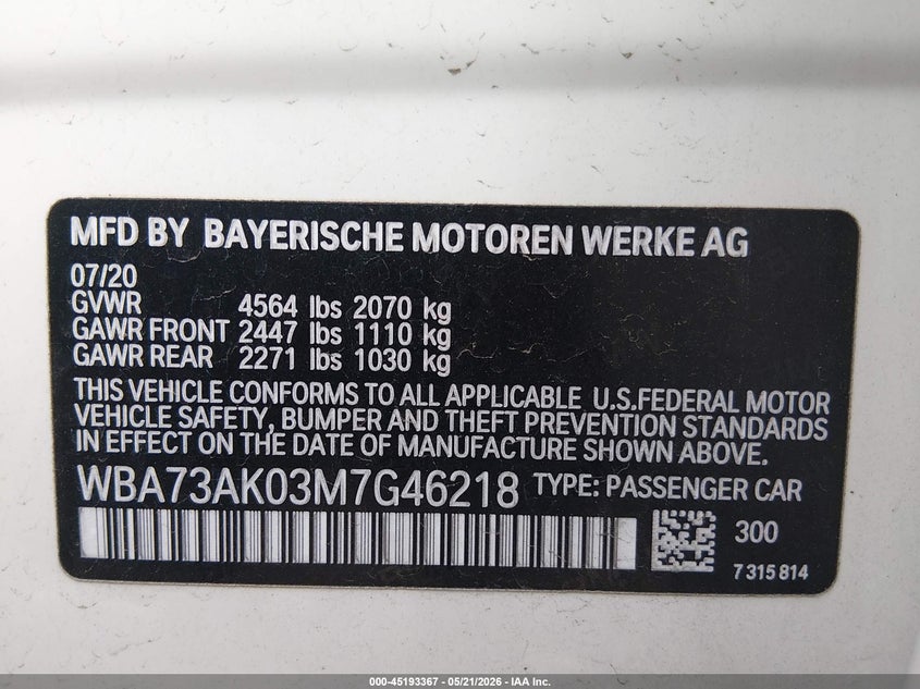 2021 BMW 228I Gran Coupe xDrive VIN: WBA73AK03M7G46218 Lot: 45193367