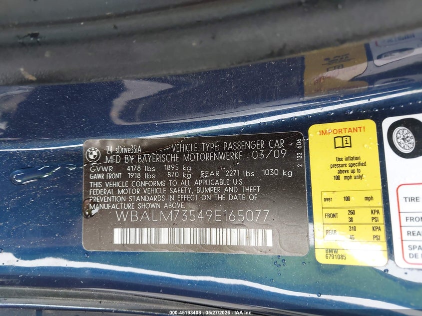 2009 BMW Z4 Sdrive35I VIN: WBALM73549E165077 Lot: 45193408