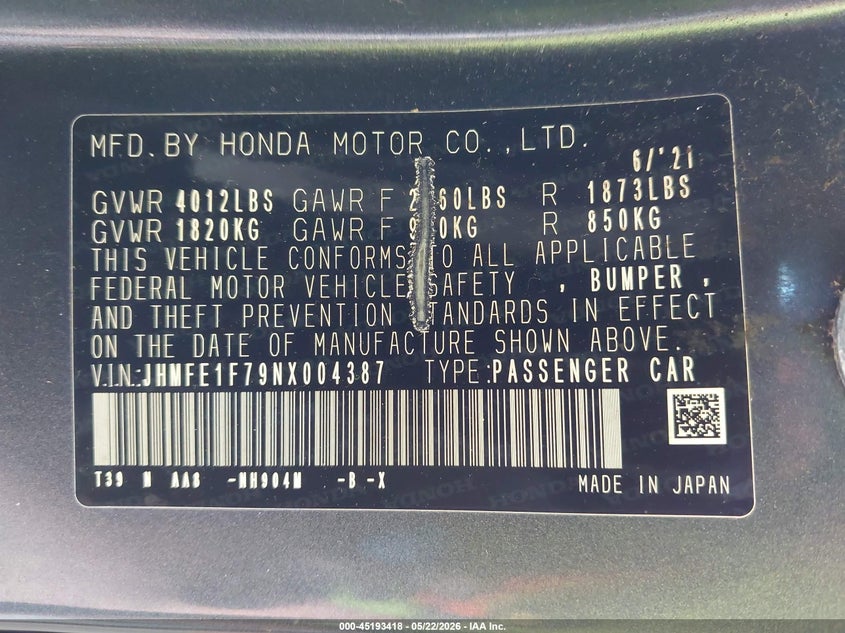 VIN JHMFE1F79NX004387 2022 HONDA CIVIC EX