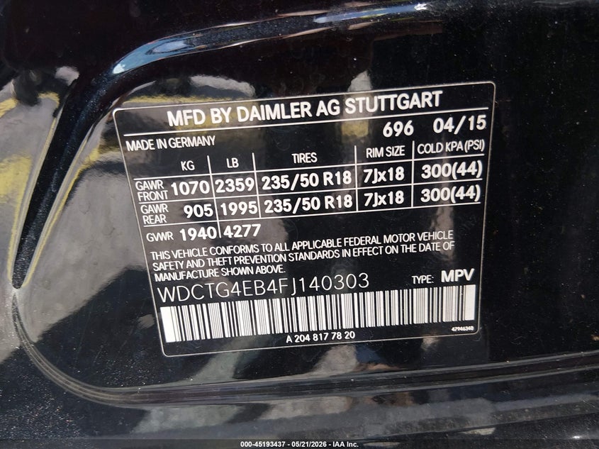 2015 Mercedes-Benz Gla 250 VIN: WDCTG4EB4FJ140303 Lot: 45193437
