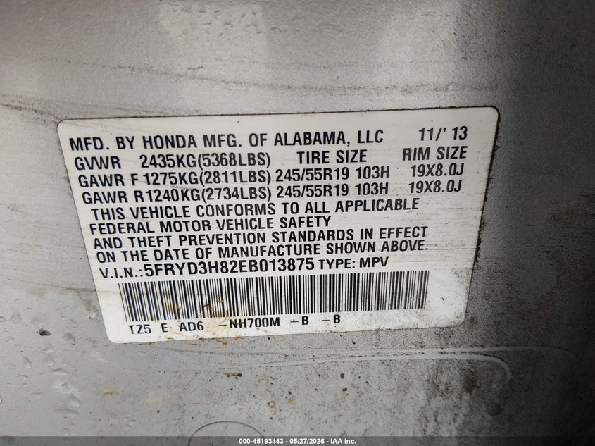 2014 Acura Mdx Advance Pkg W/Entertainment Pkg VIN: 5FRYD3H82EB013875 Lot: 45193443