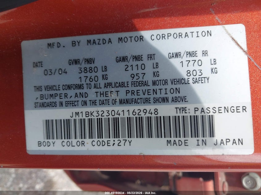 2004 Mazda Mazda3 S VIN: JM1BK323041162948 Lot: 45193534