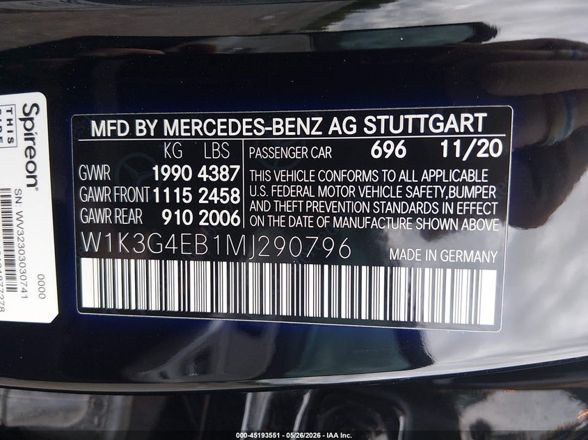 2021 Mercedes-Benz A 220 VIN: W1K3G4EB1MJ290796 Lot: 45193551