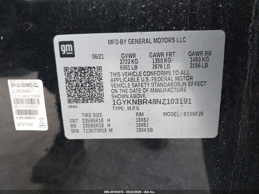 2022 Cadillac Xt5 Awd Luxury VIN: 1GYKNBR48NZ103191 Lot: 45193570