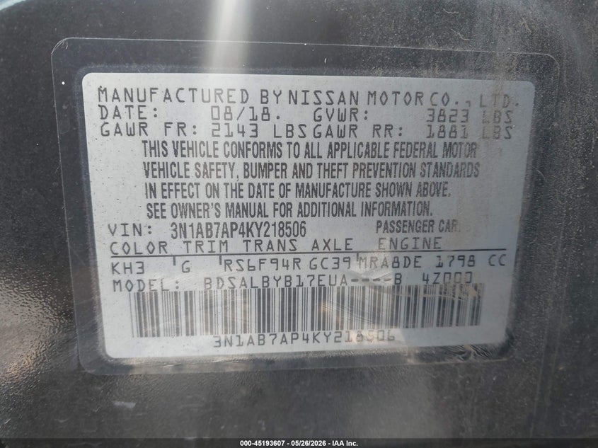 VIN 3N1AB7AP4KY218506 2019 NISSAN SENTRA S