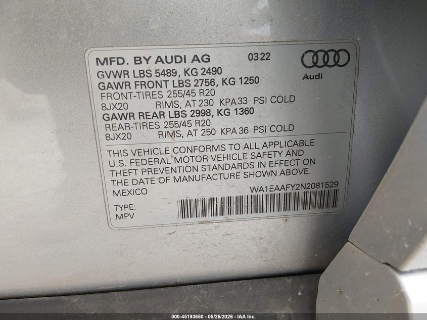 2022 Audi Q5 Premium Plus 45 Tfsi S Line Quattro S Tronic VIN: WA1EAAFY2N2081529 Lot: 45193650
