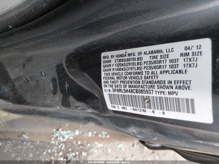 2000 Honda Odyssey Ex VIN: 2HKRL1865YH504622 Lot: 45193668