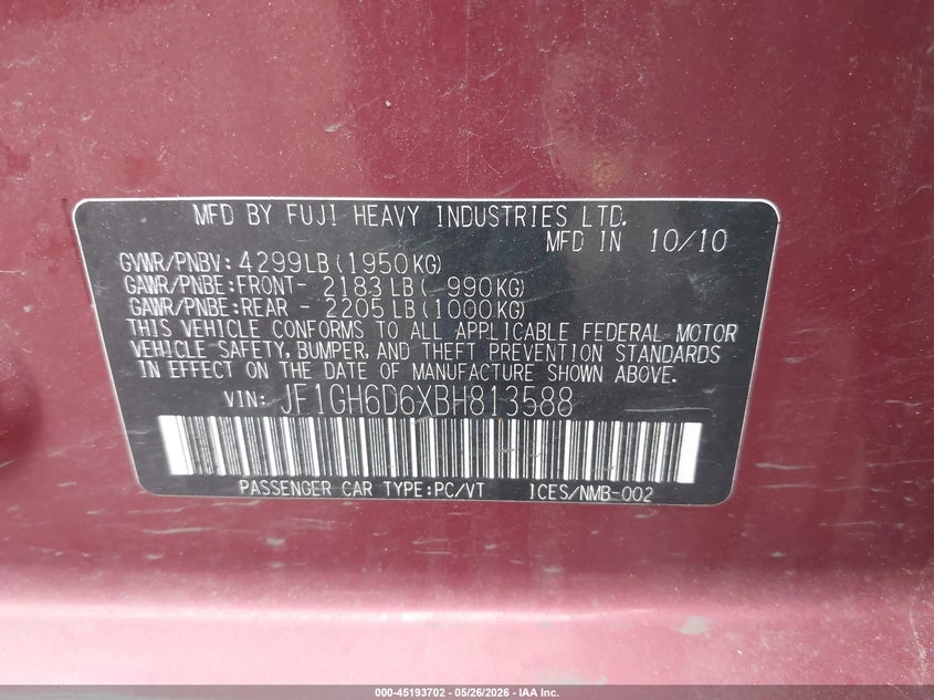 2011 Subaru Impreza Outback Sport VIN: JF1GH6D6XBH813588 Lot: 45193702
