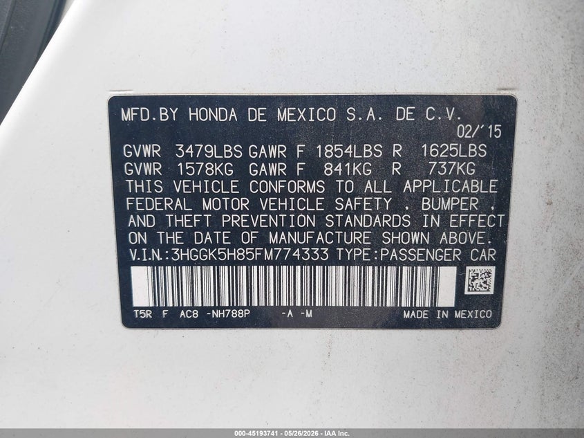 2015 Honda Fit Ex/Ex-L VIN: 3HGGK5H85FM774333 Lot: 45193741