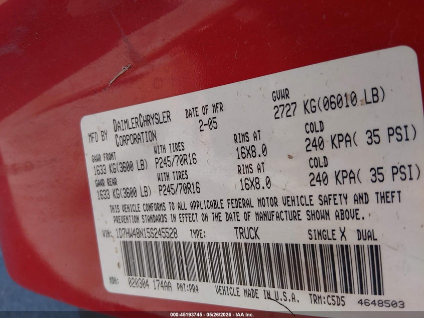 2005 Dodge Dakota Slt VIN: 1D7HW48N15S245528 Lot: 45193745