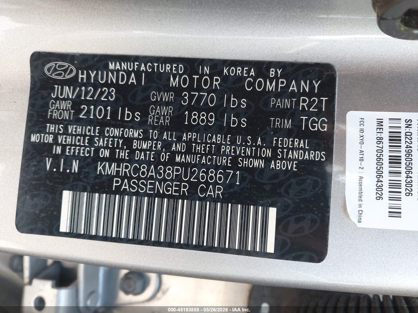 2023 Hyundai Venue Sel VIN: KMHRC8A38PU268671 Lot: 45193858
