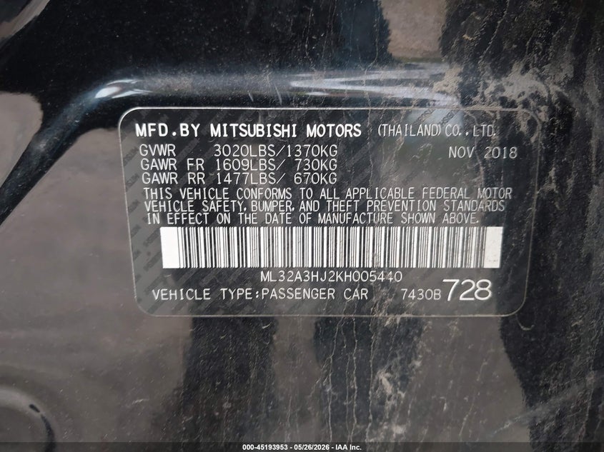 2019 Mitsubishi Mirage Es VIN: ML32A3HJ2KH005440 Lot: 45193953