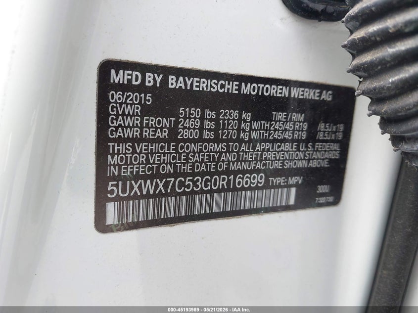 2016 BMW X3 SPORT UTILITY VEHICLE 3.0L I-6 DI, DOHC, VVT, TURBO, 300HP
