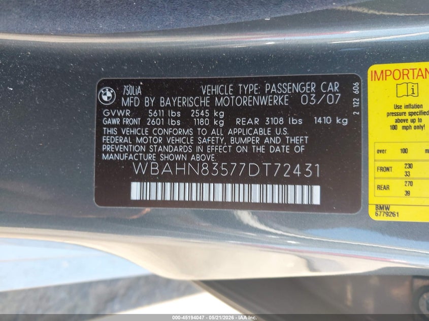 2007 BMW 750Li VIN: WBAHN83577DT72431 Lot: 45194047