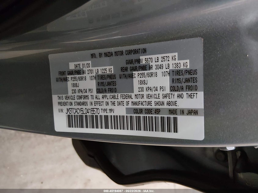 2020 Mazda Cx-9 Touring VIN: JM3TCACY5L0416570 Lot: 45194087