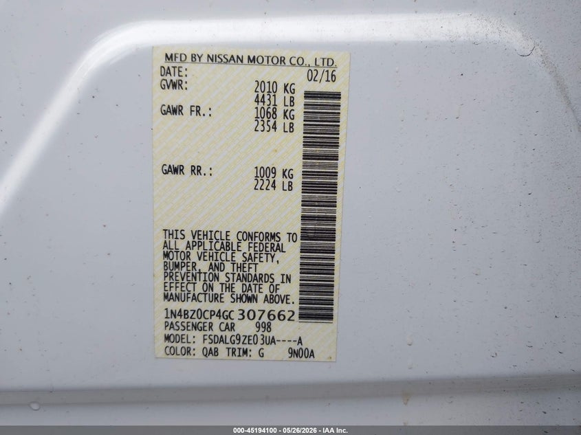2016 Nissan Leaf Sl VIN: 1N4BZ0CP4GC307662 Lot: 45194100