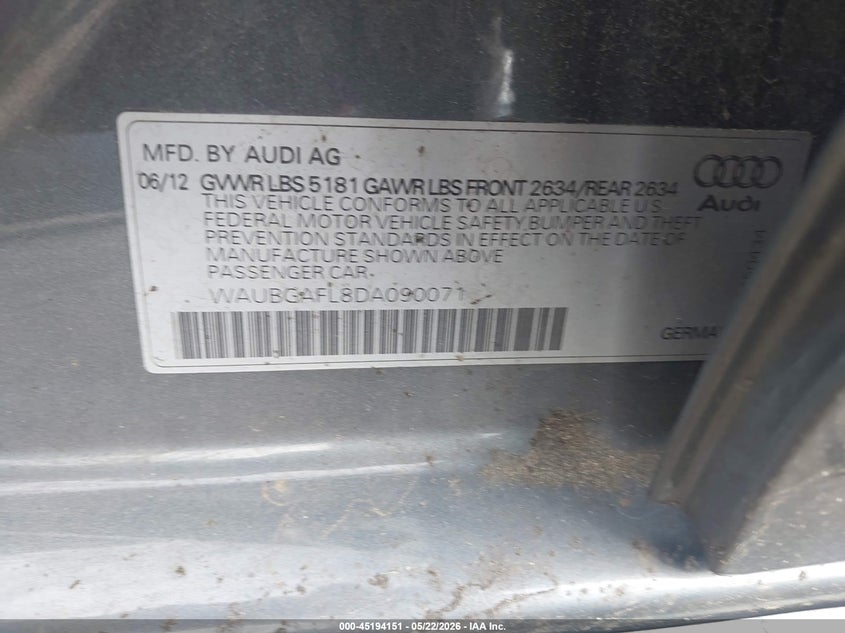 2013 Audi S4 3.0T Premium Plus VIN: WAUBGAFL8DA090071 Lot: 45194151
