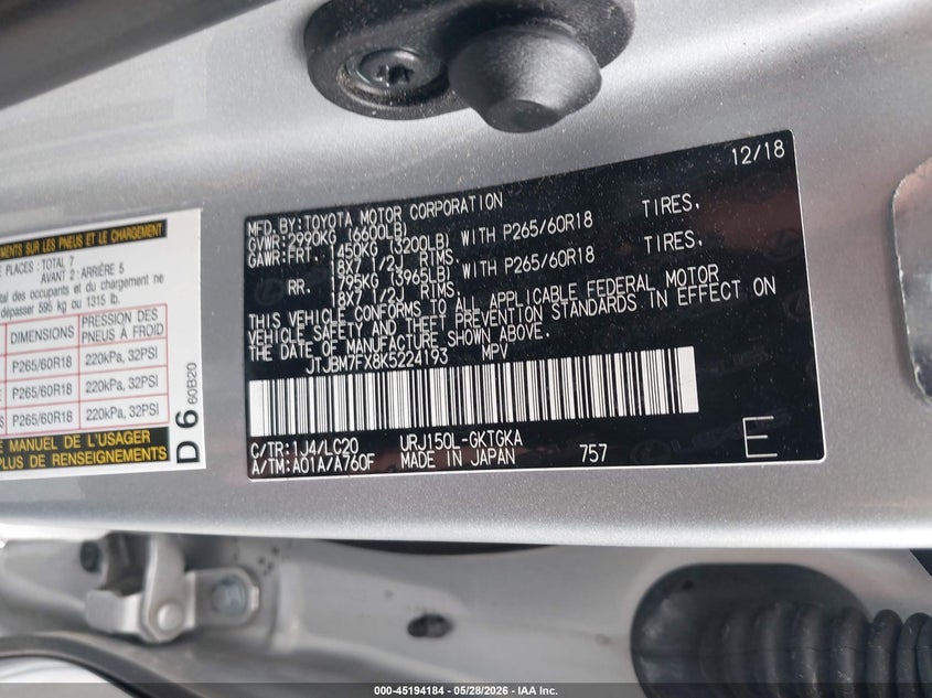 2019 Lexus Gx 460 Premium VIN: JTJBM7FX8K5224193 Lot: 45194184