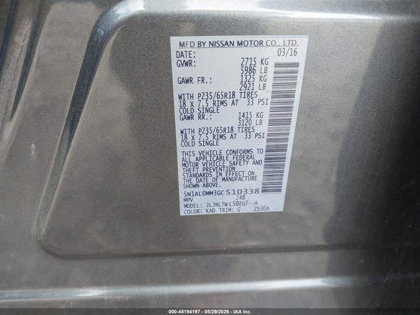 2016 Infiniti Qx60 VIN: 5N1AL0MM3GC510338 Lot: 45194197