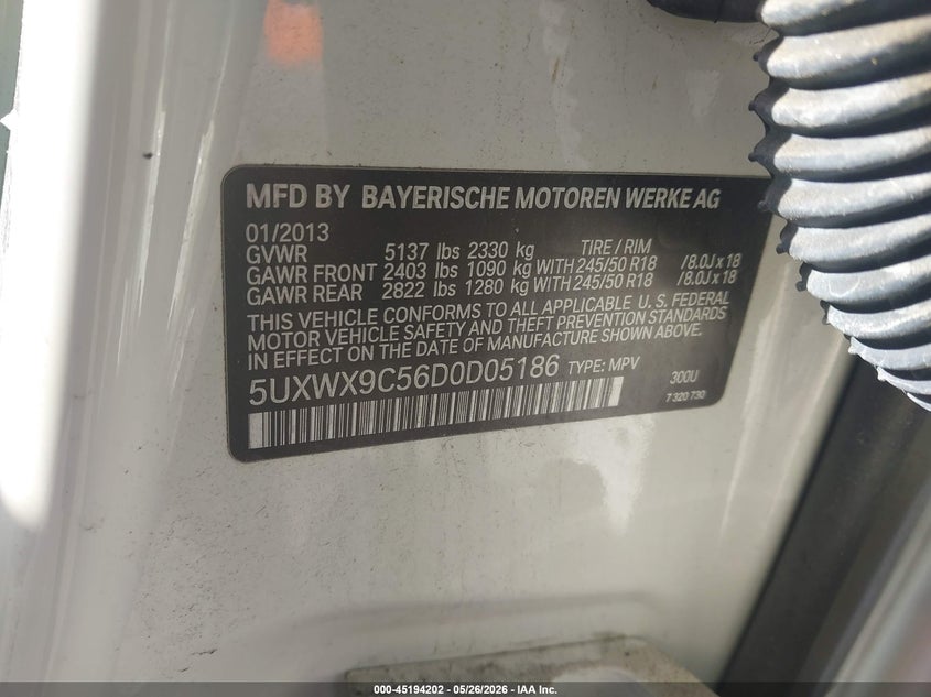 2013 BMW X3 xDrive28I VIN: 5UXWX9C56D0D05186 Lot: 45194202
