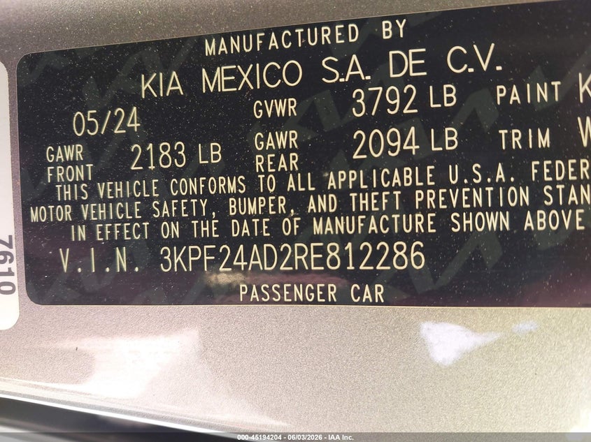 VIN 3KPF24AD2RE812286 2024 KIA FORTE LXS