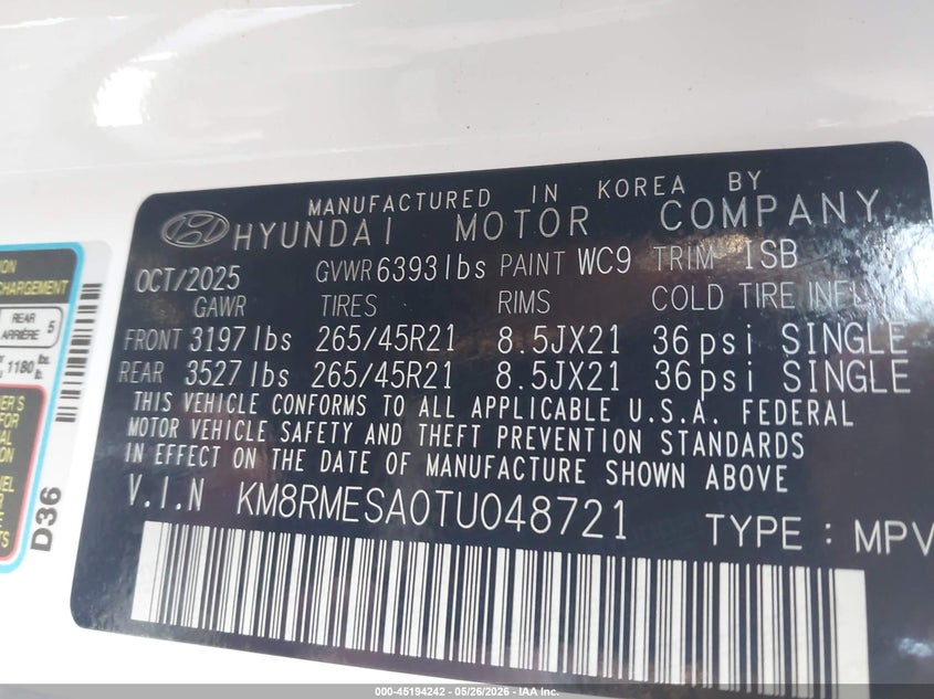 2026 HYUNDAI PALISADE HEV 2.5L I-4 DI, DOHC, V(VIN: KM8RMESA0TU048721