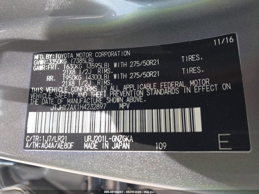 2017 Lexus Lx 570 VIN: JTJHY7AX1H4232897 Lot: 45194267