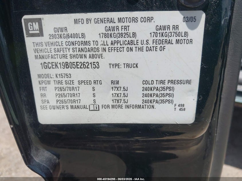 2005 CHEVROLET SILVERADO TRUCK 5.3L V-8 310HP