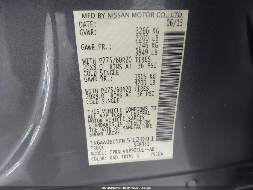 2015 Nissan Titan Sl VIN: 1N6AA0EC5FN512091 Lot: 45194319