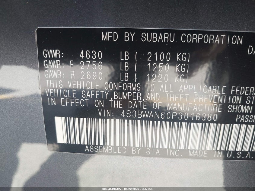 2023 SUBARU LEGACY 2.5L H-4 DI, DOHC, V(VIN: 4S3BWAN60P3016380