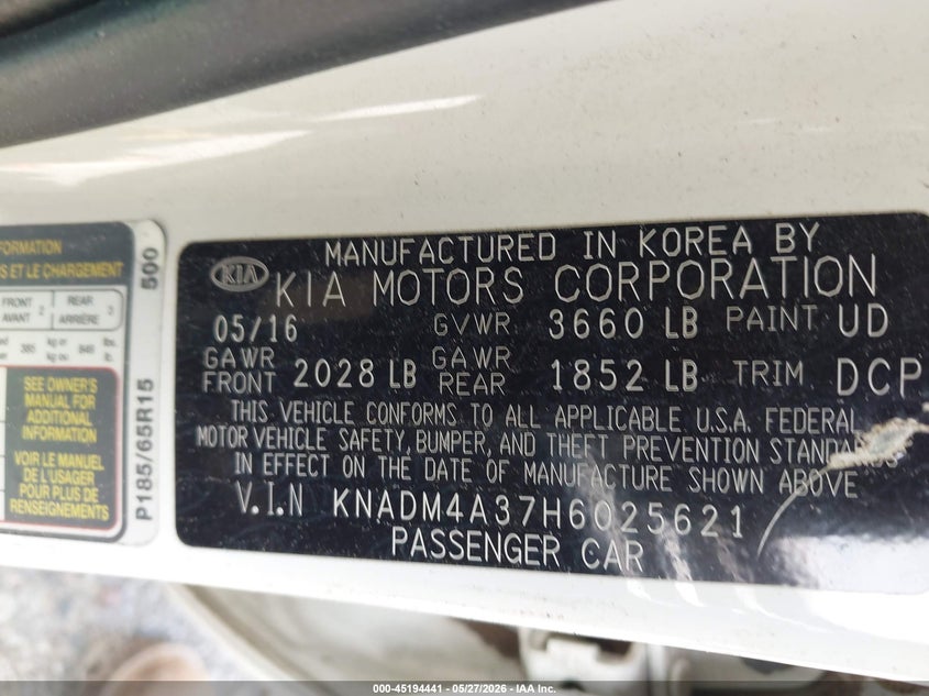 2017 Kia Rio Lx VIN: KNADM4A37H6025621 Lot: 45194441