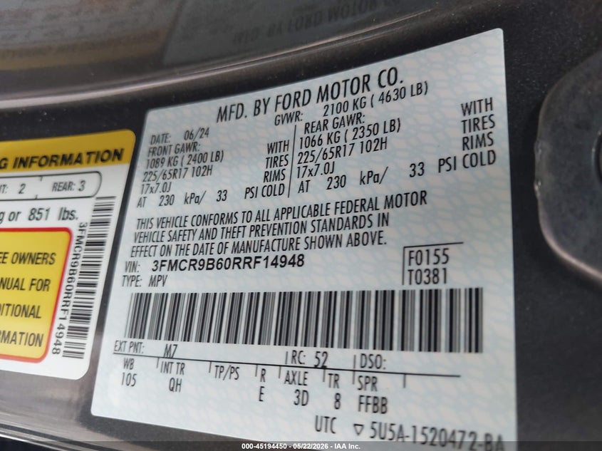 2024 Ford Bronco Sport Big Bend VIN: 3FMCR9B60RRF14948 Lot: 45194450